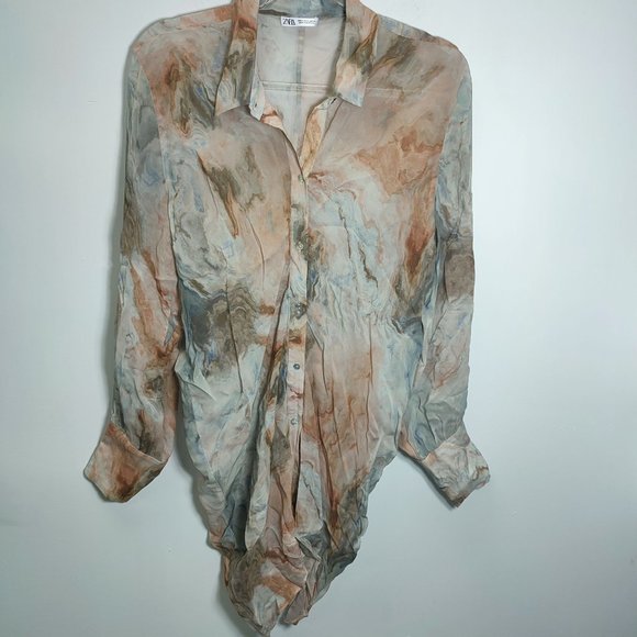 Zara Marble Print Blouse - Cream and Brown - Picture 3 of 13